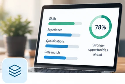 A laptop showing an illustrative example of skills, experience, qualifications and role match indicators